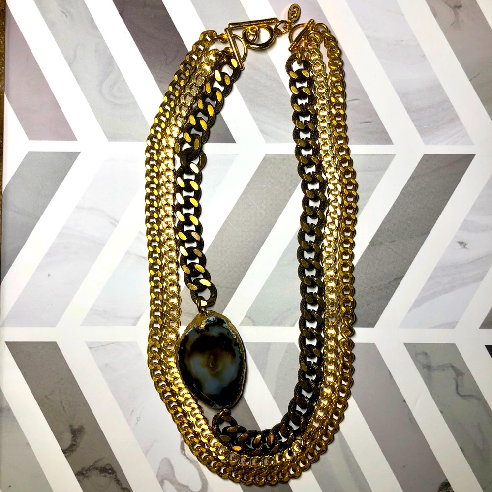 Oia Jules Gold Multi Chain & Black Agate Necklace